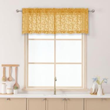 Imagem de Chyhomenyc Cortinas douradas transparentes para janelas de 35,5 cm de comprimento, 2 peças, cortinas curtas de cozinha com filtro de luz, cortina pequena para sala de estar, quarto, porão, 106,7 cm L