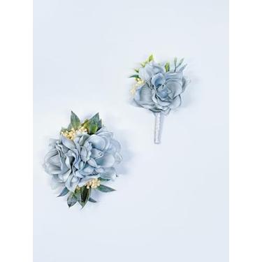 Imagem de Ting & Cecilly Rose Gardenia Conjunto de Corpete e Boutonniere de casamento, acessórios florais para casamento, acessórios de flores, decorações de terno de formatura (azul escuro)
