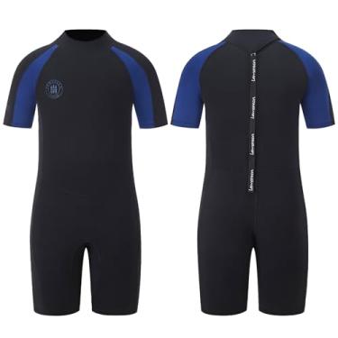 Imagem de Roupa de banho infantil Lemorecn de neoprene premium para jovens de 2 mm, Shorty Blue Trim, 10