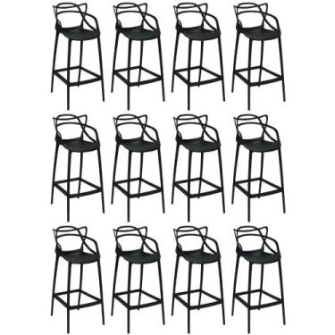 Imagem de Kit 12 Banquetas Allegra com Encosto Design Cozinha/Bancada - Preto - 