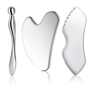 Imagem de Gua Sha Facial Tools, 3 em 1 aço inoxidável metal guasha e aplicador de creme para os olhos, conjunto de ferramentas de escultura facial, massageador de olhos, drenagem linfática para rosto e pescoço