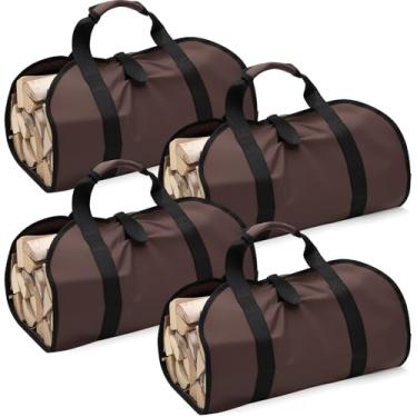 Imagem de Clysee 4 sacos de lona para lenha com alças, bolsa grande de lona encerada para tronco de lenha para uso interno, bolsa de armazenamento de madeira para lareira e acampamento ao ar livre, marrom