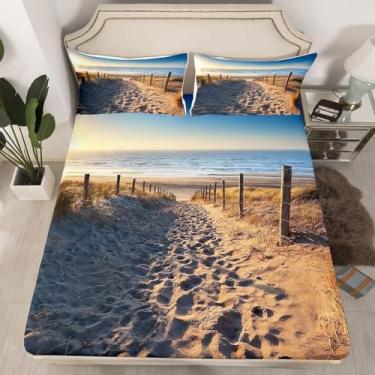 Imagem de Lençol De Praia Com Elástico único, Lençóis De Praia Com Bolso Profundo 12 Polegadas Lençol De Microfibra 3d Macio 90x190 Cm Com 2 Fronhas Para Crianças E Crianças, Beach, super king/180 x 200