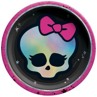 Imagem de Amscan Pratos de papel redondos iridescentes Monster High, 18 cm (pacote com 8) - Pratos descartáveis, talheres de festa perfeitos para Halloween, aniversários e encontros temáticos