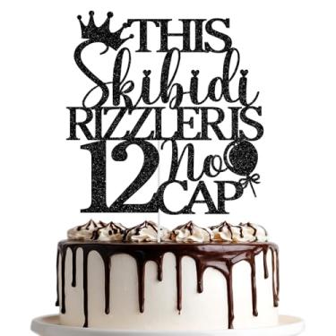 Imagem de Este Skibidi Rizzler é topo de bolo 12 sem tampa, topo de bolo feliz 12º aniversário, Hello 12, suprimentos de decoração de festa de 12 anos, glitter preto