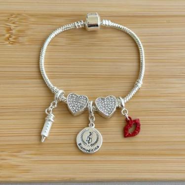 Imagem de Pulseira profissão com 5 berloques: biomedicina, boca, separador de brilhos e seringa - banhado a prata