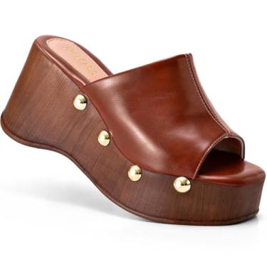 Imagem de Sandália Anabela Feminina Lumiss Madeira Rebite Tachas Dourada Confortável caramelo35