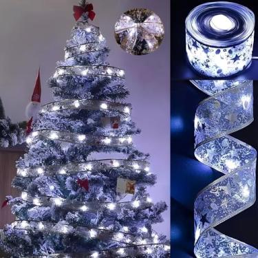 Imagem de tidsoei Decorações de árvore de Natal 20 metros 200 luzes de LED de fita de prata alimentada por bateria arcos de fio de cobre para decoração de Natal Ano Novo (fita prateada luzes brancas)