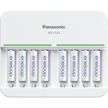 Imagem de Eneloop Panasonic K-KJ63M3A8BA Bateria recarregável avançada de 8 posições, carregador rápido de 5 horas com 8 luzes indicadoras de carga LED com 8 pilhas AAA