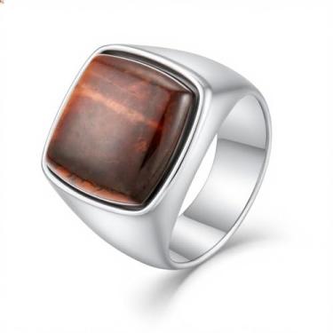 Imagem de Veshon Anel masculino com sinete quadrado olho de tigre de aço inoxidável com pedra natural para homens joia presente para ele, tamanho 7-12, Pedra, Olho de tigre
