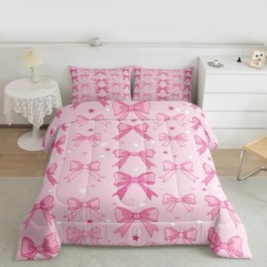 Imagem de jejeloiu Conjunto de edredom com laço rosa para meninas, tamanho casal, princesa sonhadora, para crianças, meninos, gravata borboleta, edredom para decoração de quarto, 3 peças com 2 fronhas