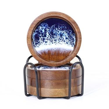 Imagem de Muliti FL Porta-copos de madeira para absorção de bebidas, porta-copos feito à mão em resina do oceano azul para mesa de café, antiderrapante, protetor de mesa, porta-copos de bar de madeira natural