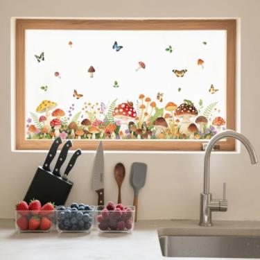 Imagem de ANATTASOUL Adesivos de janela estática de cogumelo e borboleta, 1 folha reutilizável para vidro, adesivo removível de janela dupla face de 120 cm x 30 cm para decoração de quarto, escritório, casa