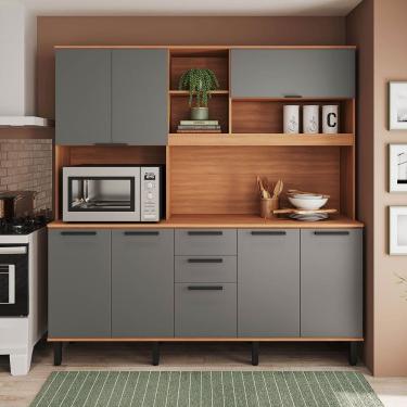 Imagem de Armário de Cozinha Kit Compacto Castanha 1900MM 8 Portas 2 Gavetas Cinza/Freijó