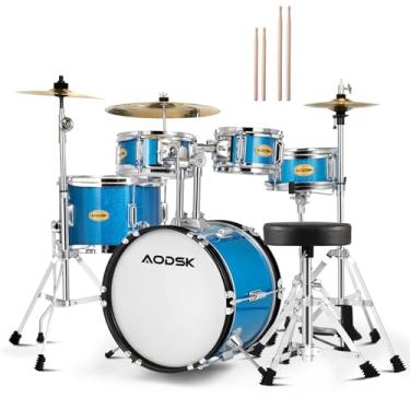 Imagem de AODSK Conjunto de bateria infantil de 5 peças para iniciantes, kit completo de bateria de 35,5 cm com trono ajustável, prato, Hi-Hat, Pedal e baqueta