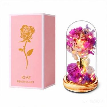 Imagem de Cúpula de vidro LED encantada com rosas rosas e roxas preservadas, arranjo floral de hortênsia em base de madeira, exibição de luz decorativa