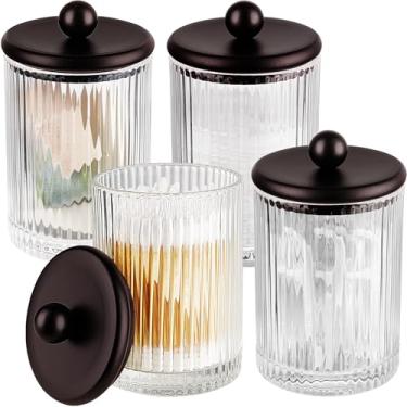 Imagem de SheeChung Dispensador de suporte Qtip, pacote com 4, frascos de boticário de vidro com tampas, vasilhas de bancada para banheiro de hóspedes - Organizador de vaidade para algodão redondo/bolas/blocos