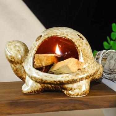 Imagem de Mougigi Mini Chiminea Palo Santo de cerâmica marrom feita à mão, para queima de sálvia, incenso de cone, cobre e vela pequena, presentes atenciosos para meditação, ioga, altar de aromaterapia, espaços