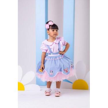 Imagem de Vestido Temático Infantil Fazendinha Salopete Jeans Rosa - Banana Club