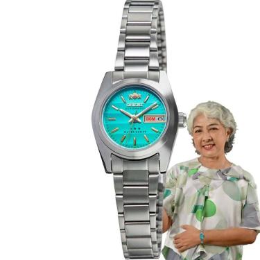 Imagem de Relógio de Pulso Orient Feminino Automático Aço Inóx Pequeno Mini Redondo Resistente Água Calendário Duplo Casual Prata 559WC8NH E1SX