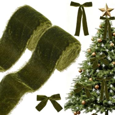 Imagem de HOBBIESAY Fita de veludo de seda de Natal de 1,5 metros fita de borda crua fitas decorativas de veludo verde oliva profundo para embrulho de presente decoração de árvore de Natal 3 a 4 cm de largura