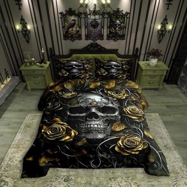 Imagem de Erosebridal Conjunto de edredom casal de caveira de açúcar, rosa amarela, floral para crianças, meninos, meninas, adolescentes, adultos, edredom com esqueleto gótico, hippie exótico, terror, para