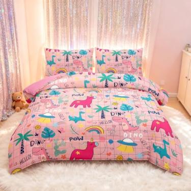 Imagem de Peopleareok Conjunto de edredom solteiro com desenho de dinossauro (168 x 86 polegadas) para meninos, 2 peças, conjunto de cama de dinossauro para meninas e adolescentes, supermacio, leve para todas