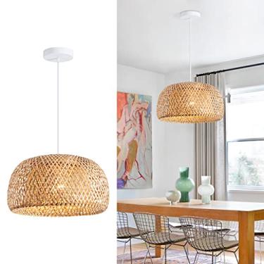 Imagem de Ai HaoLe Luminária pendente de bambu, 1 luz para cozinha - tecido à mão natural, lâmpada de bambu de vime para pendurar, lustre de vime de vime para sala de estar e quarto (inclui lâmpada) (45 cm)