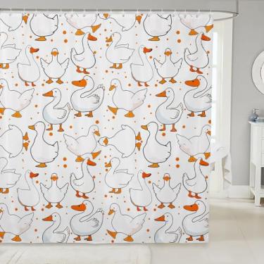 Imagem de Cortina de chuveiro de ganso de desenho animado, linda cortina de banheiro branca de desenho engraçado de pato, linda cortina de banho à prova d'água com animais de fazenda com ganchos, lavável na