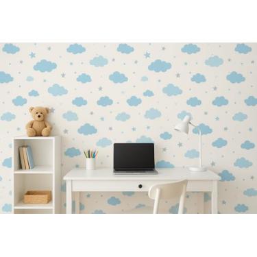 Imagem de Papel de Parede Infantil Decorativo Azul com Estrelas e Nuvens Autocolante Para Paredes e Artesanatos Quarto Infantil e Comodos Temáticos Bebês Crianças e Adultos (10m x 45cm)
