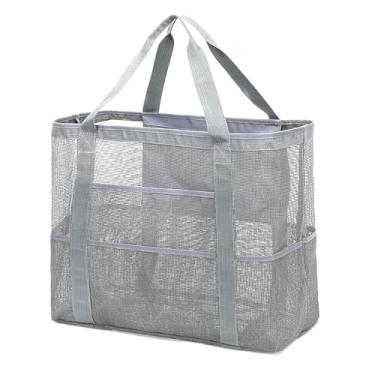 Imagem de Bolsa de praia grande de malha, bolsa de praia com bolsos com zíper - Piscina familiar, brinquedos e itens essenciais para férias, Cinza