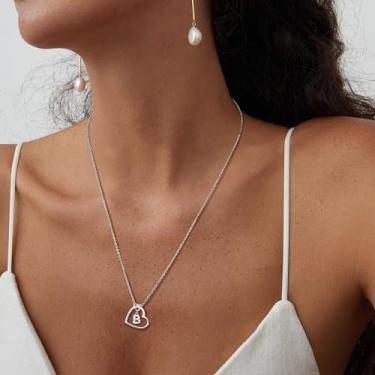 Imagem de Colar com inicial de coração de prata para mulheres, colar com letra A-Z, colar de nome, coração, banhado a prata 925, monograma, nome, aniversário, dia das mães, joias para mães e mulheres, 18inches