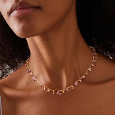 Imagem de Gargantilha feminina com contas banhadas a ouro 14 K, pedras irregulares, gargantilha roxa, berloque com contas, joias artesanais boho delicadas, Medium, Latão, Sem Pedra Preciosa