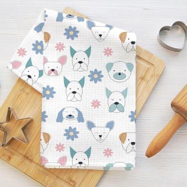 Imagem de Toalhas de cozinha com estampa de cachorro pastel de desenho animado, toalha de prato de microfibra absorvente decorativa toalha de chá, toalhas de mão de waffle para cozinha, casa, banheiro