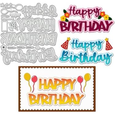 Imagem de Happy Birthday Matrizes de corte de aço carbono, modelo de estênceis em relevo com tema de letras de 13 x 12 cm para fazer álbuns de papel decorativo de fotos, 0,08 cm de espessura