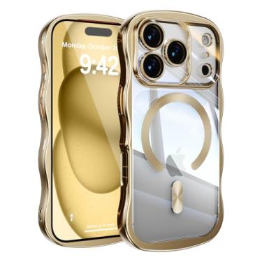 Imagem de UEEBAI Capa para iPhone 17 Pro Max, linda capa de celular magnética com moldura ondulada compatível com Magsafe, capa de celular galvanizada macia para mulheres e meninas - dourada