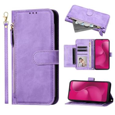 Imagem de YAJOJO Capa carteira T-Mobile Revvl 8 com zíper e porta-cartão, capa protetora de couro PU premium para T-Mobile Revvl 8, com suporte, bolso com zíper, alça de pulso, fecho magnético, roxo