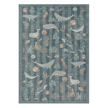 Imagem de Tapete de borracha antiderrapante com tema de baleias de lã sintética lavável e resistente a manchas para sala de jogos, banheiro, sala de estar, quarto, cabeceira, praia, fofo, náutico costeiro