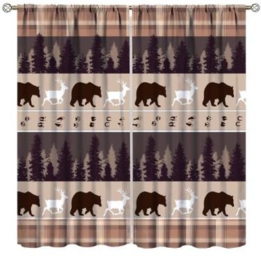 Imagem de Cortinas rústicas de cervo de urso, estampa xadrez vintage de fazenda para quarto, sala de estar, cozinha, janela, tratamento de 2 painéis, conjunto de 2 painéis, tamanho total 107 cm L x 114 cm C