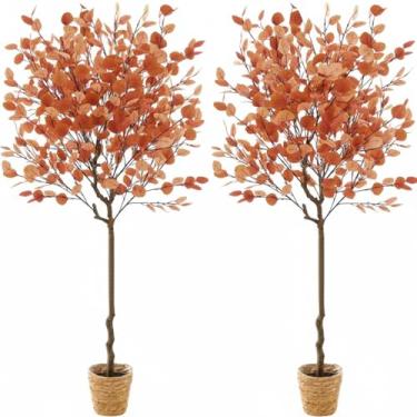Imagem de Giegxin Pacote com 2, folhas de eucalipto de outono de 1,2 m, árvore artificial de outono com 2 peças de cestas de plantas de tecelagem caules de eucalipto com folhas de seda, decoração de árvore