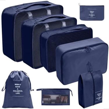 Imagem de Kit Organizador de Mala 8 Peças Packing Cubes com Compressão Porta Sapatos Necessaire Transparente Roupas Sujas para Viagem (Azul)