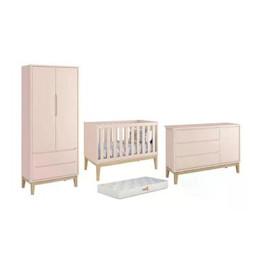 Imagem de Dormitório Classic 2 Portas, Cômoda Com Porta Rosa Com Pés Madeira Natural E Colchão D18 - Reller Móveis Rosa
