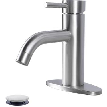 Imagem de VCCUCINE Torneira de banheiro de níquel escovado, alça única, furo único, torneira de pia de banheiro, torneira de lavatório com dreno pop-up e linha de suprimento e placa de convés, VC-HJ-052L-D