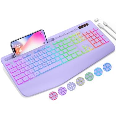 Imagem de SABLUTE Teclado sem fio com 9 efeitos retroiluminados, descanso de pulso, suporte de telefone, teclados ergonômicos sem atrasos de 2,4 G, recarregável, silencioso, sem fio, para computador, laptop,