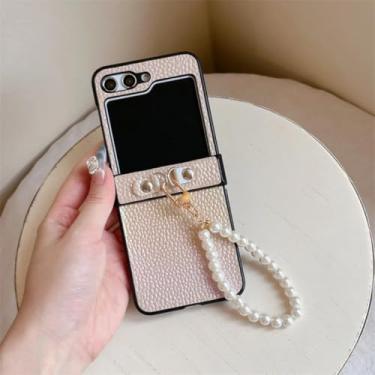 Imagem de Capa para Galaxy Z Flip5, capa de couro perolado de luxo com dobradiça e corrente de pérola, capas rígidas fofas (para Galaxy Z Flip5/05)