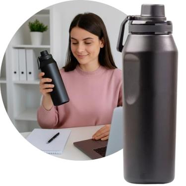 Imagem de Garrafa Térmica, Tampa Antivazamento, com Canudo e Alça, Base Antiderrapante, Parede Dupla em Inox que Conserva Líquidos Quentes e Frios por Horas (Preto, 500ml)