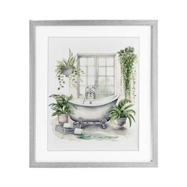 Imagem de Stupell Industries Impressão emoldurada cinza para banheira e janela verde exuberante sob vidro, design por Lettered and Lined, 21 x 17