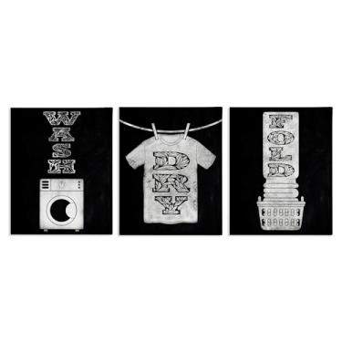 Imagem de Stupell Industries Conjunto de arte de parede em tela de 3 peças com letras ornamentadas Wash & Dry, design de Marcus Prime, 20 x 16
