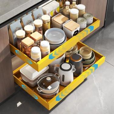 Imagem de Mustorn Pacote com 2 organizadores de armário, gavetas deslizantes expansíveis para armários de cozinha, gaveta removível e colada, prateleiras deslizantes resistentes para armário, despensa, banheiro