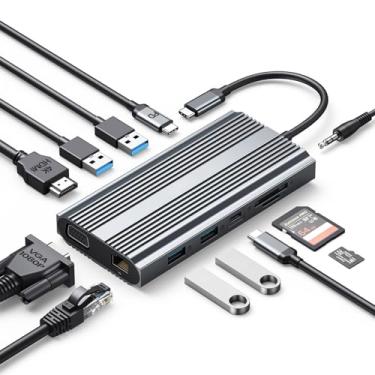 Imagem de Estação de ancoragem USB C 12 em 1 com HDMI 4K 1.4, VGA, 100W PD, Ethernet, 5 portas de dados USB, SD/TF, áudio, compatível com Windows/Mac OS, cinza
